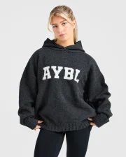 Varsity Oversized Knitted Hoodie Charcoal