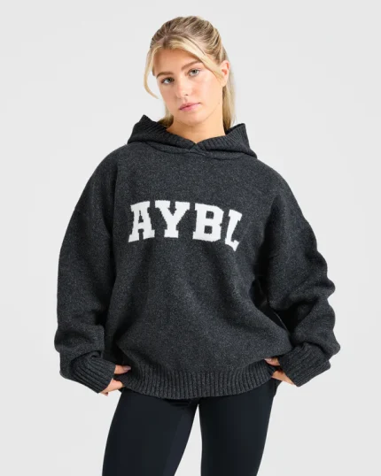 Varsity Oversized Knitted Hoodie Charcoal